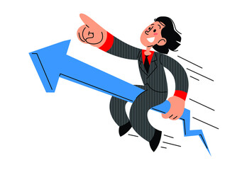 Businessman riding successful increasing arrow flat vector illustration