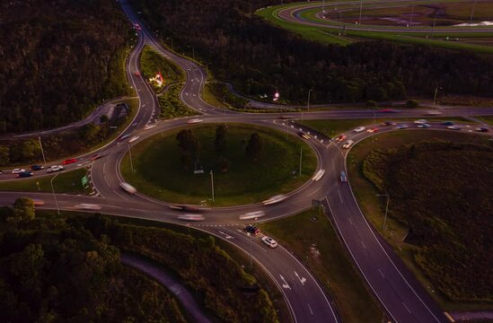 Aerial View Of Traffic On The Caloundra Road At Kawana Creek Arterial Road Roundabout, Caloundra, Queensland, Australia.