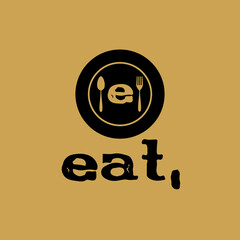Obraz premium Smart Clever Unique EAT logo design with Fork, spoon and plate as Negative Space. letter e logo