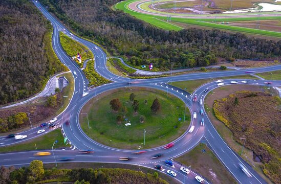 Aerial View Of Traffic On The Caloundra Road At Kawana Creek Arterial Road Roundabout, Caloundra, Queensland, Australia.