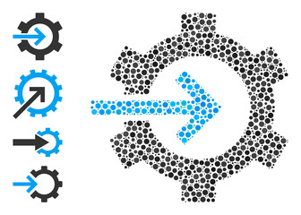 Rounded dot mosaic cog integration. Vector mosaic is based on cog integration icon, and composed with randomized spheric elements. Vector icon of cog integration composed with irregular spheric dots.