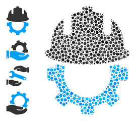 Circle collage development helmet. Vector collage is based on development helmet symbol, and created of randomized circle spots. Vector icon of development helmet composed of randomized circle dots.