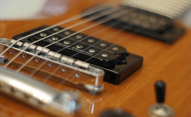 Obraz na płótnie Canvas Streams and Bridges. Closeup shot of electric guitar with bridge, pickups and sreings