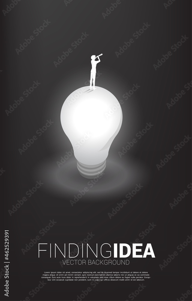 Poster Silhouette of businessman looking through telescope standing on standing on light bulb . Business Concept of finding creative idea and solution.