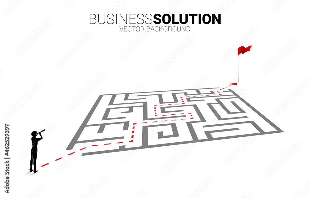 Poster Silhouette of businessman looking through telescope standing on route into maze to goal. Business concept for problem solving and finding idea.
