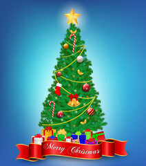 realistic christmas tree with decoration or luxury christmas tree with star lamp and gift box or decoration christmas template for banner. eps vector
