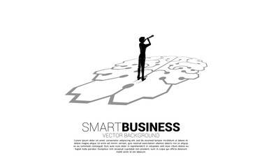 Silhouette of businessman looking through telescope standing on brain icon graphic on floor.concept for business planning and strategy thinking