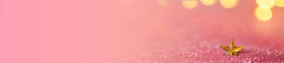  star banner.Christmas and New Year banner.Wallpaper shining glitter.gold star in pink glitter on shining golden bokeh background.Beautiful festive background.Shining texture. 