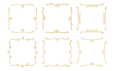 Dividers gold decorative square frames retro royal ornamental vintage premium set. Borders for design menu, website, sertificate, greeting wedding invite and other documents. Vector illustration