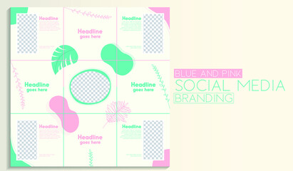 Modern Aesthetic Social Media Branding and feed Template with blue,pink color, and abstract shape, leaf