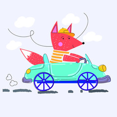 Driving car with animal cute icon character vector illustration.