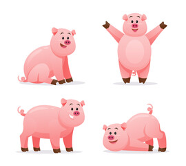 Set of pig in various poses cartoon illustration