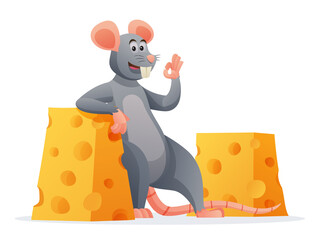 Mouse with cheese cartoon isolated on white background