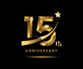 Golden 15 year anniversary celebration logo design with star symbol - obrazy, fototapety, plakaty