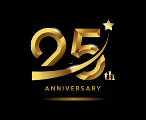 Golden 25 year anniversary celebration logo design with star symbol
