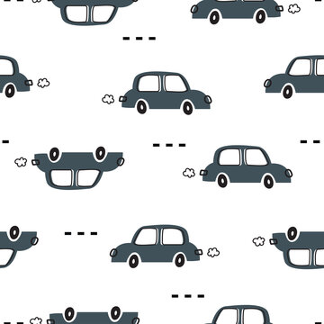 Vehicle cartoon background. seamless pattern vector with toy car Children's style hand drawn design Used for prints, wallpaper, fabrics, textiles.