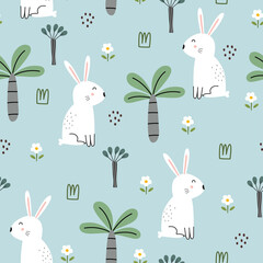 White rabbit with trees and flowers Seamless pattern cute cartoon animal background hand drawn in kid style The design used for Print, wallpaper, decoration, fabric, textile Vector illustration