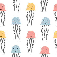 marine life jellyfish seamless pattern hand drawn cartoon animal background in children style design used for print, cloth, textile, fashion Vector Illustration