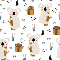 Cartoon animal background for kids a koala perched on a branch hand drawn seamless vector pattern in children's style Used for printing, wallpaper, decoration, fabric, textile. © TEe Du