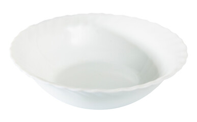 View of empty round white plate. Isolated over white background