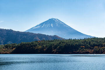 Fuji mountain peak with Blue Sky Background at Lake Saiko, Japan