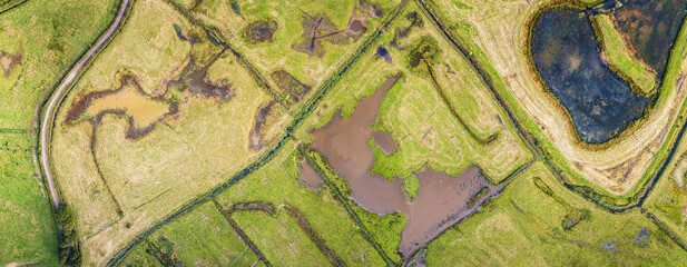Wetlands and meadows in RSPB Exminster and Powderham Marshe from a drone, Exeter, Devon, England