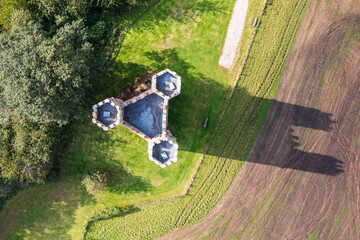 The Belvedere Tower over Powderham Park from a drone, Powderham Castle, Exeter, Devon, England