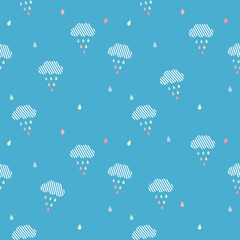 rainbow rain with cloud fabric seamless cute pattern in blue background