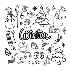 Winter doodle set. Hand drawn sketches of snowflakes, snowman, fir trees, socks, Christmas decoration, gift boxes, sweater, scarf etc. Black and white vector objects on isolated background.
