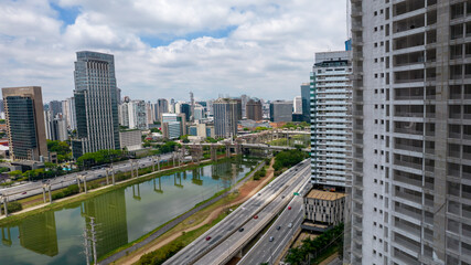 Fototapeta na wymiar Aerial view in Marginal Pinheiros, São Paulo, Brazil. Business center. Financial Center. 