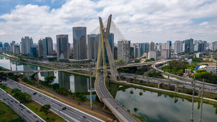 Estaiada's bridge aerial view in Marginal Pinheiros, São Paulo, Brazil. Business center. Financial Center. Famous cable stayed (Ponte Estaiada) bridge