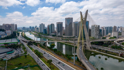 Estaiada's bridge aerial view in Marginal Pinheiros, São Paulo, Brazil. Business center. Financial Center. Famous cable stayed (Ponte Estaiada) bridge