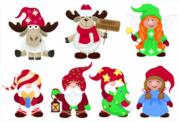 Cute Little Christmas Gnome Vector Illustration Set, Scandinavian Nordic Gnome, Cute Christmas Santa Gnome Elf.  Nordic element design for greeting cards, season greetings, web. Cute santa reindeer