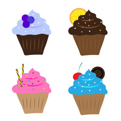 Cupcakes icon set. Bakery sweet food. Cartoon background. Line art design element. Vector illustration. Stock image.
