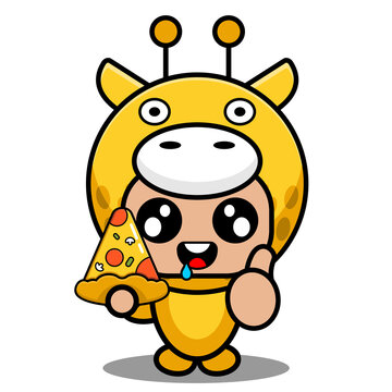 vector cartoon character mascot costume cute animal giraffe holding pizza
