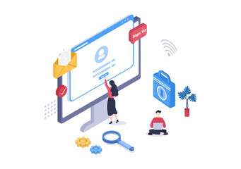 Online Registration or Sign Up Login for Account on Smartphone App. User interface with Secure Password Mobile Application, for UI, Web Banner, Access. Cartoon People Vector Illustration