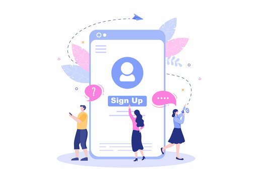 Online Registration or Sign Up Login for Account on Smartphone App. User interface with Secure Password Mobile Application, for UI, Web Banner, Access. Cartoon People Vector Illustration