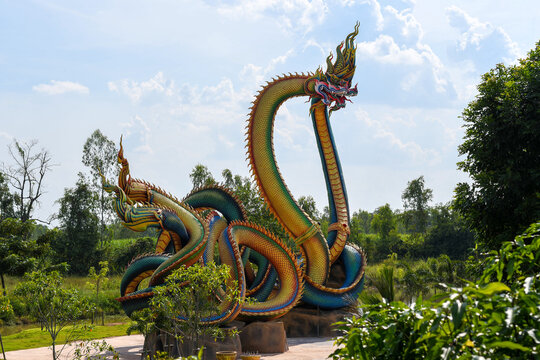 Twin Stucco painted as a large serpent at Pra kai keaw wang nakin, Located at Ban Don swan, Phen District, Udon Thani, Thailand.