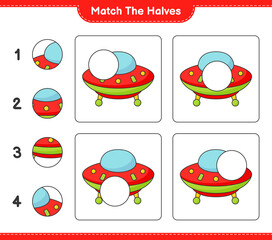 Match the halves. Match halves of Ufo. Educational children game, printable worksheet, vector illustration