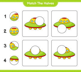 Match the halves. Match halves of Ufo. Educational children game, printable worksheet, vector illustration