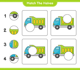 Match the halves. Match halves of Lorry. Educational children game, printable worksheet, vector illustration