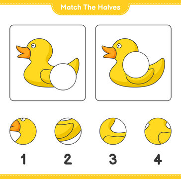 Match the halves. Match halves of Rubber Duck. Educational children game, printable worksheet, vector illustration