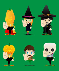 Kids dressed for Halloween showing deny or refuse hand gesture. Vector cartoon character illustration of kids ready to Trick or Treat.