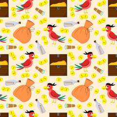 Parrot pattern, treasure chest and coins. Pirate drawing. Vector illustration. For use in postcards, invitations, prints, baby products.