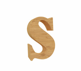 3d rendering small font letter S in wood material, realistic and isolated in white background