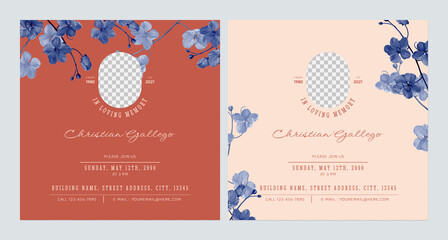 Floral memorial and funeral invitation card template design, red and bright orange decorate with blue golden shower flowers - obrazy, fototapety, plakaty