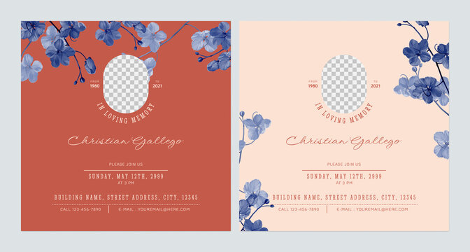 Floral Memorial And Funeral Invitation Card Template Design, Red And Bright Orange Decorate With Blue Golden Shower Flowers