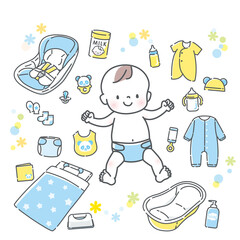 笑顔の赤ちゃんとベビー用品のイラスト素材セット