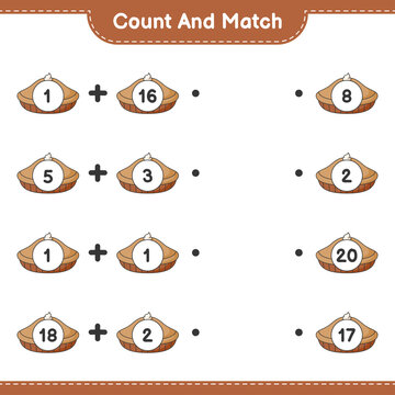 Count and match, count the number of Pie and match with the right numbers. Educational children game, printable worksheet, vector illustration