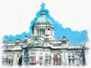 Fototapeta premium Ananta Samakhom Throne Hall watercolor style illustration impressionist painting.
